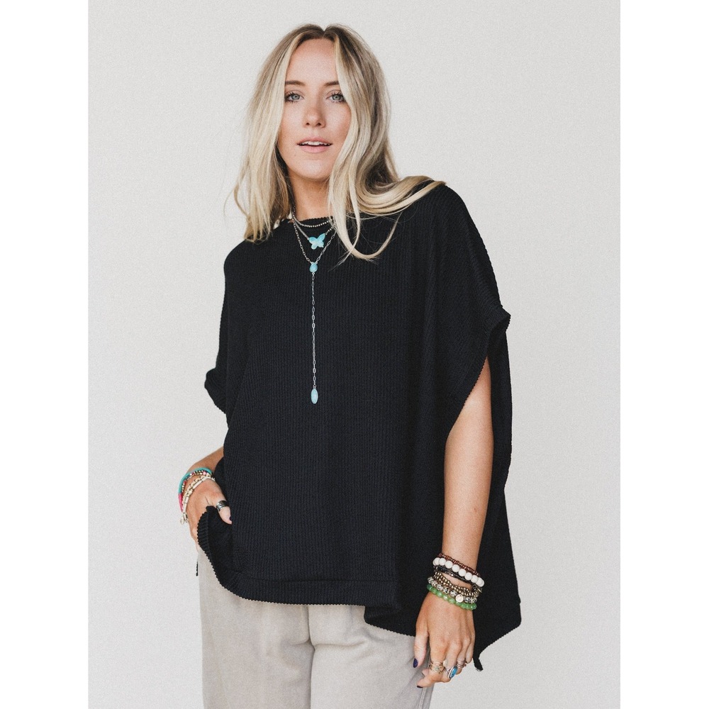 NWT Three Bird Nest Moon Glow Texture Knit Top XXL Black Ribbed Oversized Boho
